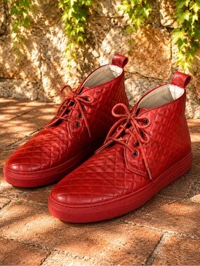 DEL TORO Men's Quilted Red Leather High-Top Chukka Italian Sneaker, 8
